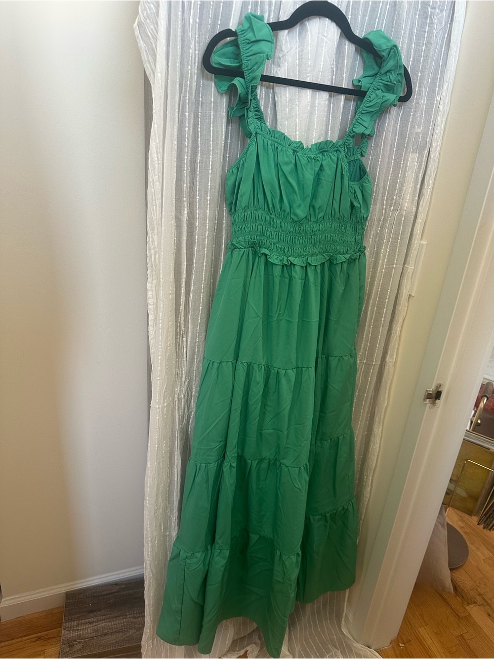 Green Ruffle-Shoulder Maxi Dress with Smocked Waist